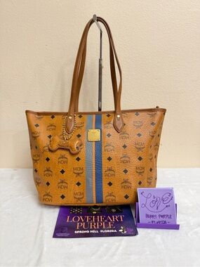 MCM Cognac Logo Tote with Blue and Navy Center Stripe PM